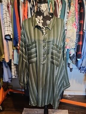 Cato Olive Green and White Striped Blouse